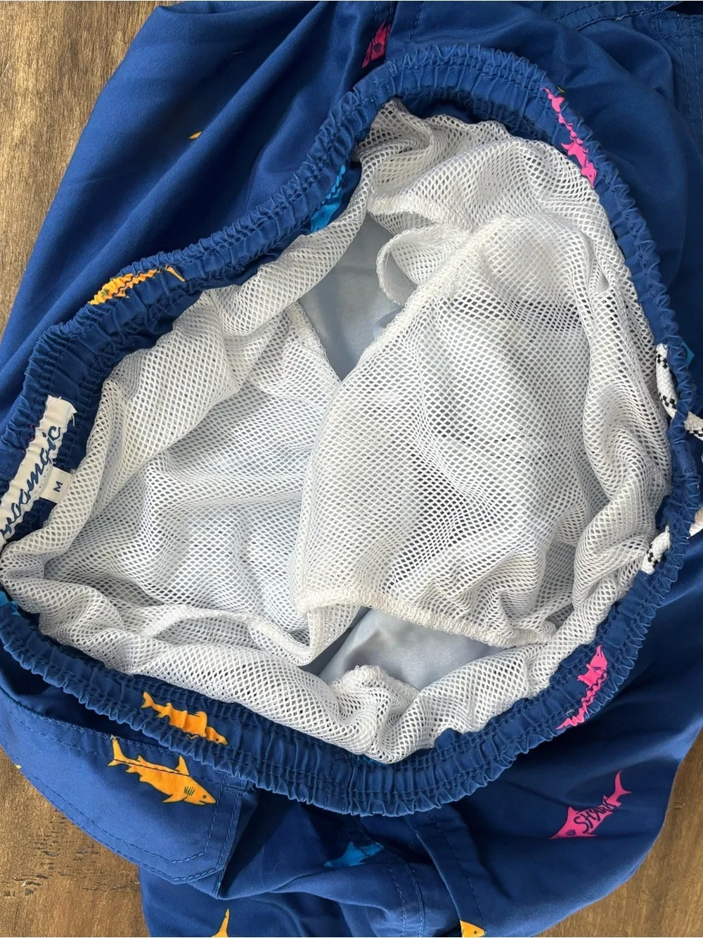 Men's Blue Shark-Print Swim Trunks. Size M